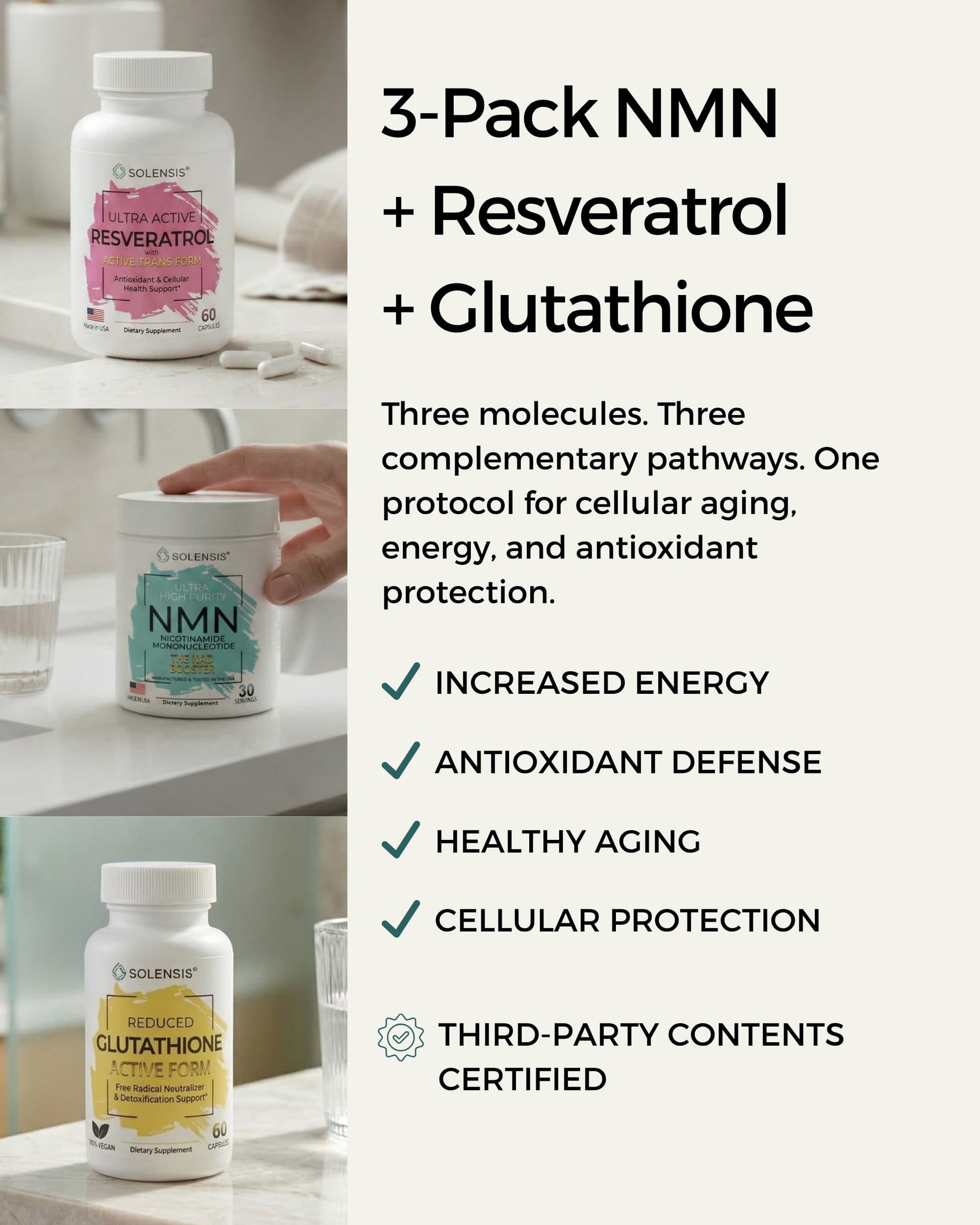 NMN + Resveratrol + Glutathione Bundle DNA Repair Stack | Solensis NMN + Resveratrol + Glutathione Bundle DNA Repair Stack | Solensis