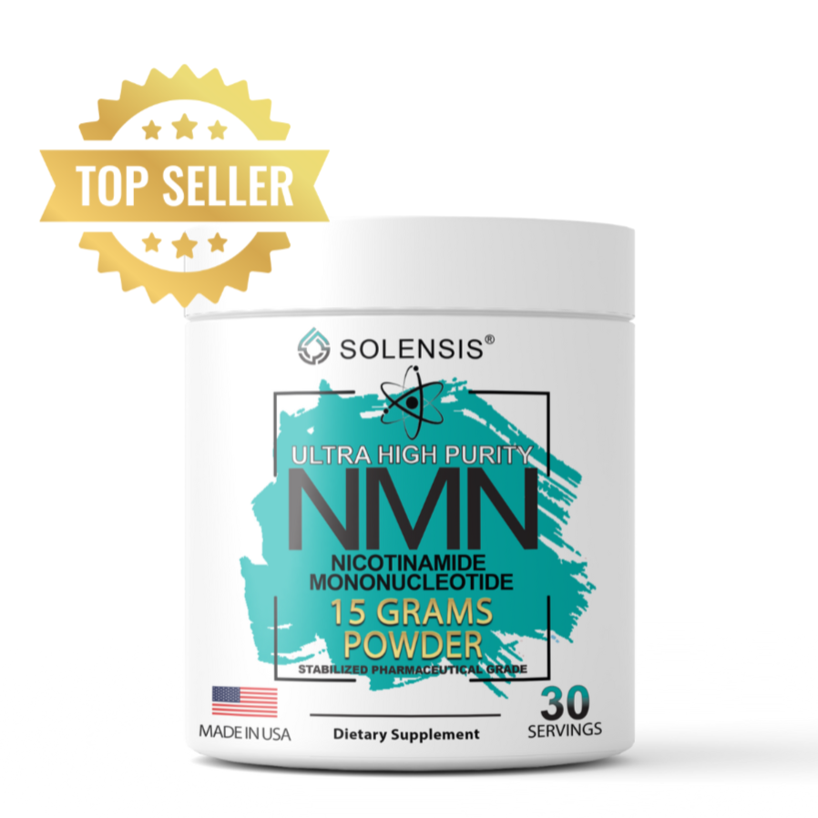 Supplement container labeled 'NMN' with Solensis branding on a white background