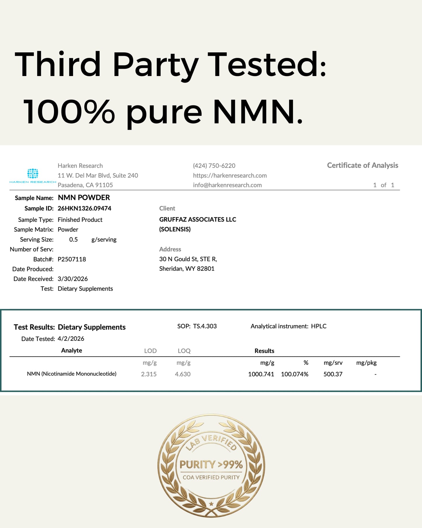 Third party tested 100% pure NMN