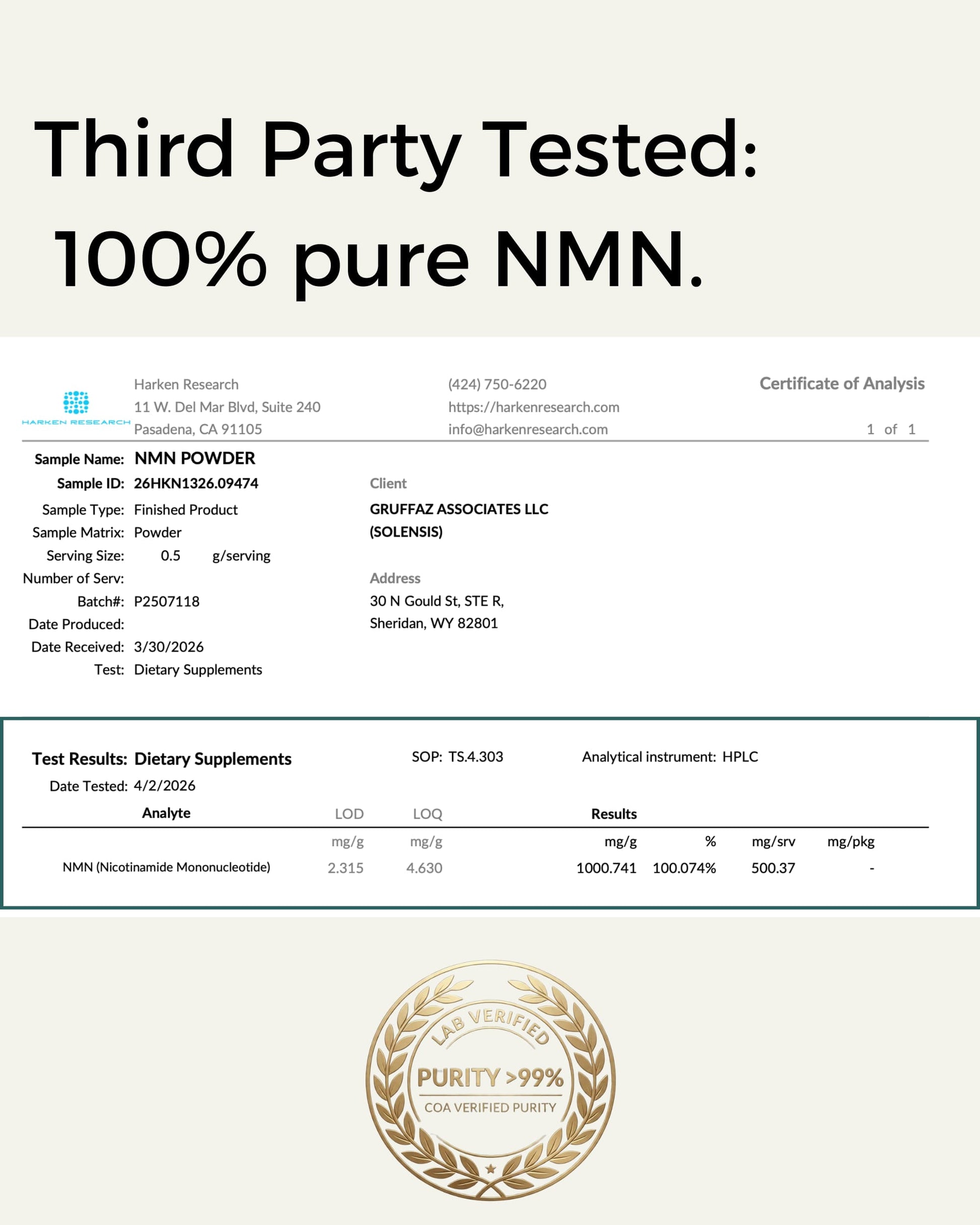 Third party tested 100% pure NMN